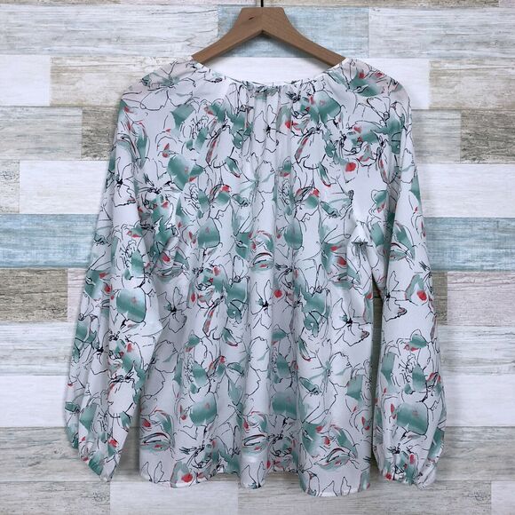 Sanctuary Floral Peasant Tie Neck Blouse White Green Tassel Casual Womens Medium - Picture 3 of 6